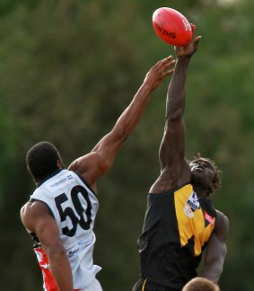 Werribee's Majak Daw and North Ballarat's Eric Wallace contest the ruck earlier in the season.