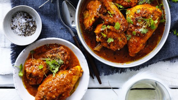 Borscht braised chicken with olive and dill dumplings