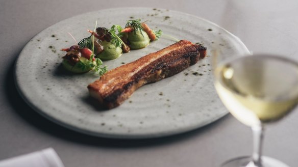 Spiced Bangalow pork belly, with avocado mousse, walnuts and radish.