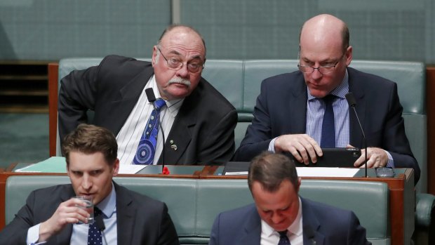 Rebel Liberal MPs Warren Entsch, Trent Zimmerman and Tim Wilson (front right) during Question Time. These backbenchers pushed hard for the Parliament to consider same-sex marriage. 