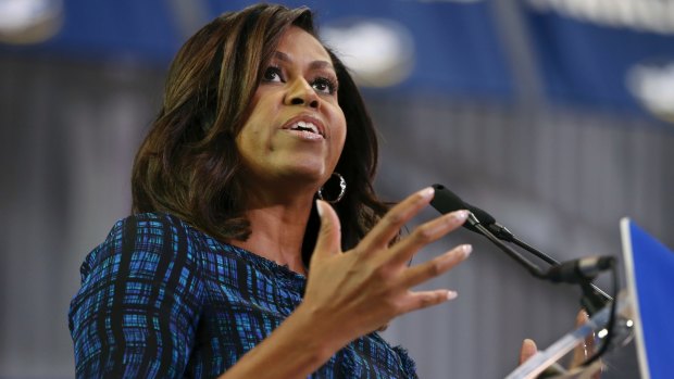 Michelle Obama speaks at LaSalle University in Philadelphia as she campaigns for presidential candidate Hillary Clinton.
