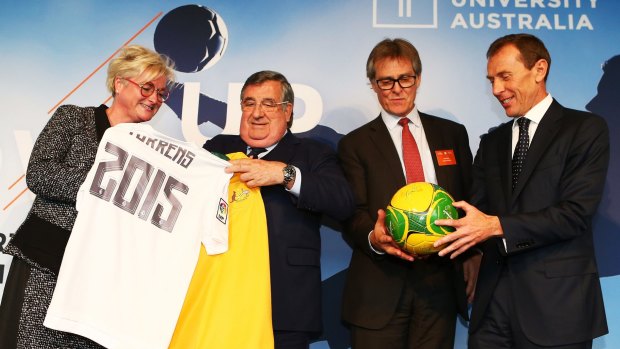 Sports MBA: Real Madrid's Pedro Lopez Jimenez, Laureate Australia chief executive Linda Brown, vice-chancellor of Torrens University Justin Beilby and Real Madrid FC's Emilio Butragueno celebrate the new degree. 