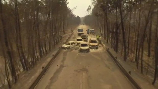 Drone video shows burnt cars on the road between Pedrogao Grande and Figeiro Dos Vinhos, Portugal, after a forest fire on Sunday.