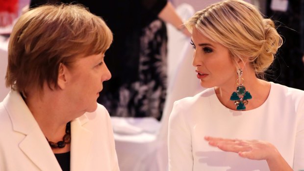 Ivanka Trump and Angela Merkel chat during a dinner after she participated in the W20 Summit in Berlin last week.