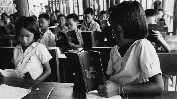 Laotian refugees at a school in Nan Province, Thailand, 1979.