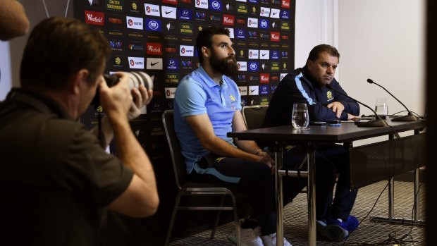 Media manager: Socceroos captain Mile Jedinak and coach Ange Postecoglou at a press conference.