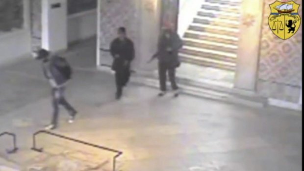 Two gunmen and third unidentified man can be seen inside the Bardo museum in Tunis, during attack in March.