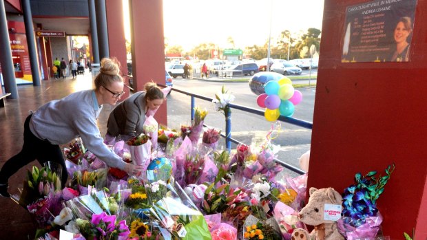 People leave tributes to Andrea Lehane at Carrum Downs shopping centre in September 2015.