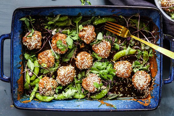 Quick lemongrass pork meatball traybake. 