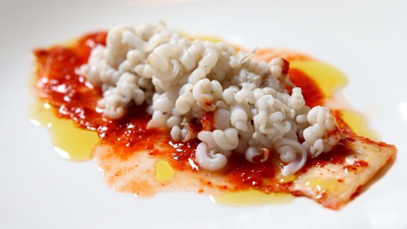 Calamari noodles, smoked bone marrow and kimchi.