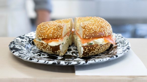Smoked salmon and cream cheese bagel from Mile End.