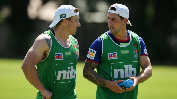 Newcastle halves Trent Hodkinson and Mitchell Pearce at training.