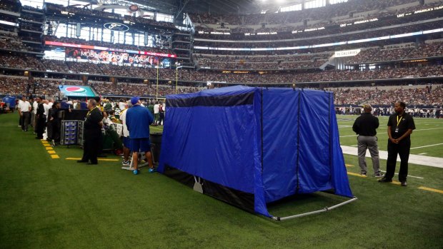 A pop-up medical tent on the sideline at Cowboys Stadium. This year, the NFL mandated the tents on every sideline at every stadium, mostly for concussion testing.