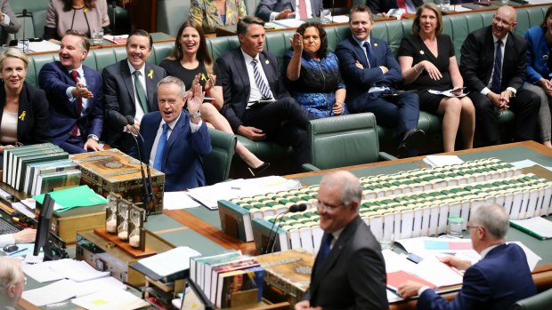 Opposition Leader Bill Shorten and his frontbench react to Treasurer Scott Morrison and Prime Minister Malcolm Turnbull during question time.