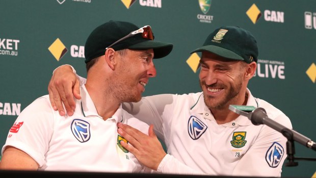 All smiles: South Africa's Test series victory gave paceman Kyle Abbott and skipper Faf du Plessis plenty of reasons to be cheerful.