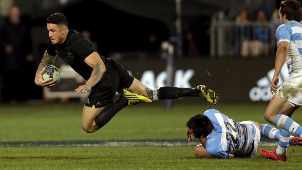 Sonny Bill Williams of New Zealand's All Blacks is tackled by Argentina's Santiago Gonzalez Iglesias during their Rugby Championship match in Christchurch last Friday night. 