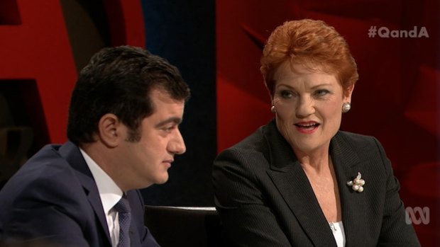 Pauline Hanson with Labor senator Sam Dastyari on the ABC's <i>Q&A</i> program on Monday night. 