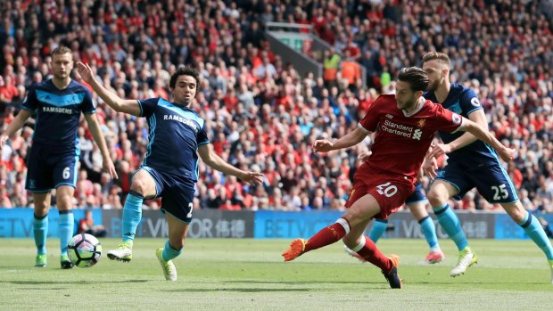 Adam Lallana  scores for Liverpool against Middlesbrough.