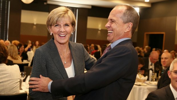 Julie Bishop and Peter Greste share a laugh at the National Press Club on Thursday.