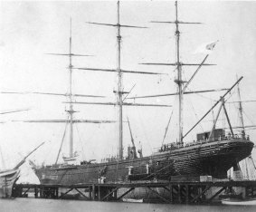 The CSS Shenandoah hauled out for repairs at the Williamstown Dockyard, Melbourne in February 1865. 
Note the Confederate flag [possibly retouched] flying from her mizzen gaff, and fresh caulking between her planks.