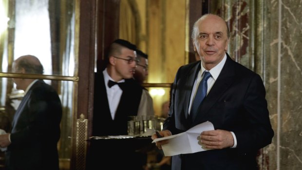 Brazil's acting foreign minister Jose Serra arrives for a press conference in Buenos Aires, Argentina, on Monday, on his first state visit since being appointed in the wake of Dilma Rousseff's suspension. 