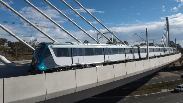 A new Metro train is tested at Tallawong Station. The government has promised $3.5 billion for the Western Sydney North-South Rail link.