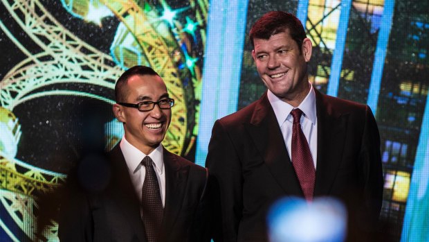Billionaire Lawrence Ho and James Packer before the opening of Melco's Studio City casino resort in Macau.