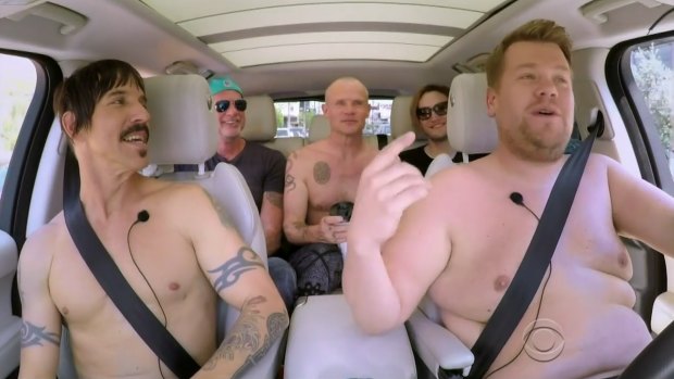 Baring all: (left to right) The Red Hot Chili Peppers Anthony Kiedis, Chad Smith, Flea and Josh Klinghoffer with Carpool Karaoke host James Corden.