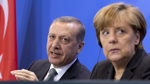 German Chancellor Angela Merkel and Turkish President Recep Tayyip Erdogan during a joint press conference on April 15.