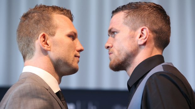 It's on: Jeff Horn and Gary Corcoran square up.