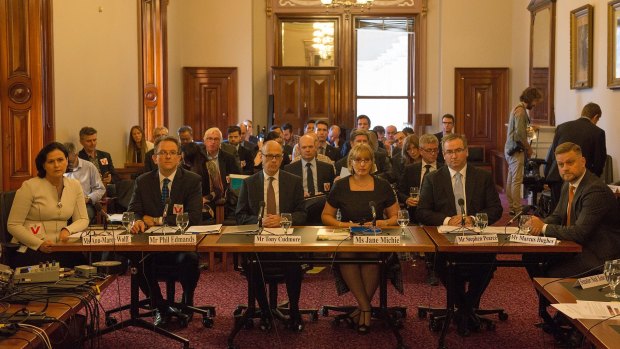 Corporate tax avoidance inquiry held at the State Parliament of Victoria: (From left) Ann-Maree Wolff, Phil Edmands, Tony Cudmore, Jane Michie, Stephen Pearce and Marcus Hughes. 