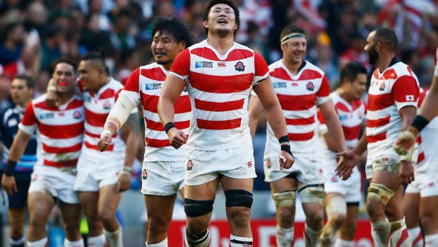 Japan players celebrate their surprise victory against South Africa.