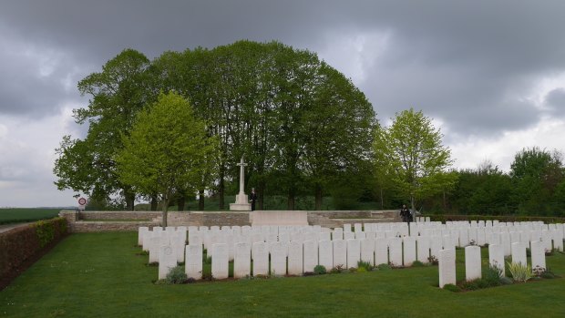 Graves at Crucifix Corner cemetery, near Villers-Bretonneux, France.