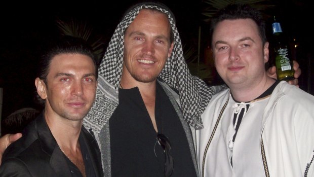 Henry Kaye and Jamie McIntyre with an associate, Konrad Bobilak, at a fancy dress party.