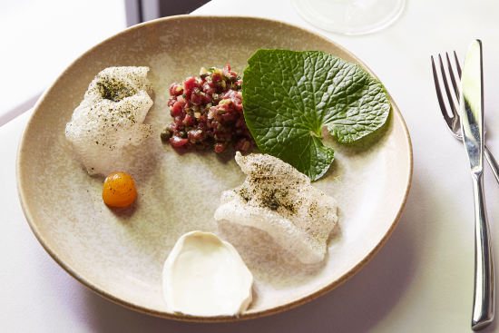 Matcha ice-cream, black sesame, meringue and strawberries at Kazuki's in Carlton.