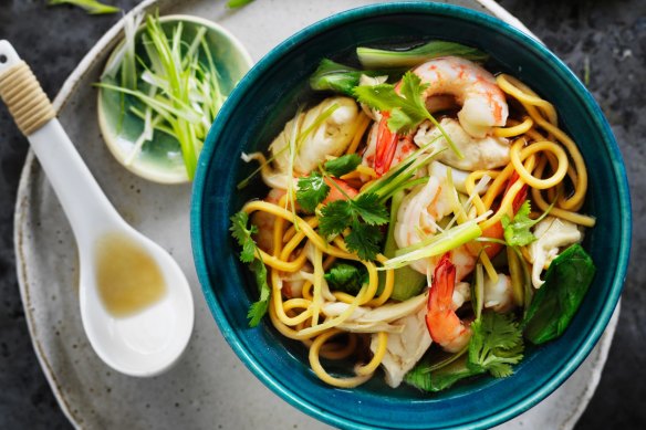 Kylie Kwong's home-style Hokkien noodle seafood soup.