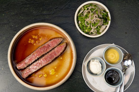 Go-to-dish: Barbecue wagyu flank steak with condiments.