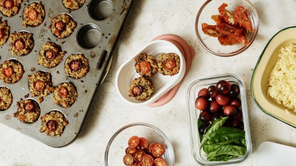 Mini quinoa muffins - the conveniently placed cherry tomato halves act like tomato sauce!