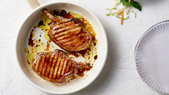 Vegemite barbecue pork chops with Asian slaw.