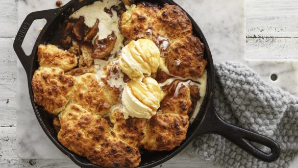 The addition of a cheddar cobbler crust transforms apples into a gooey, sweet and savoury dessert.