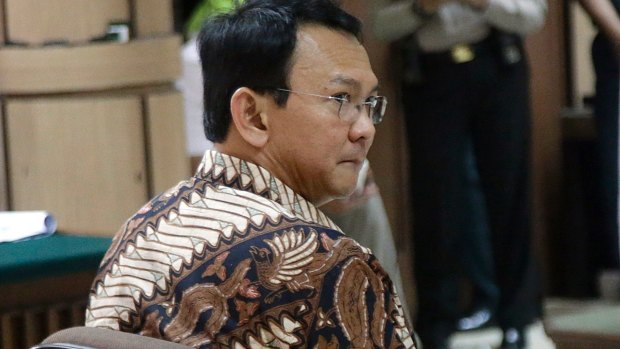 Ahok is seen during his trial at the North Jakarta District Court on blasphemy charges. 