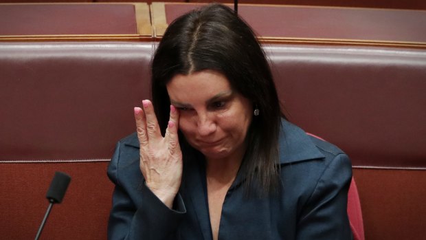 A tearful Jacqui Lambie relinquishes her seat in the Senate.
