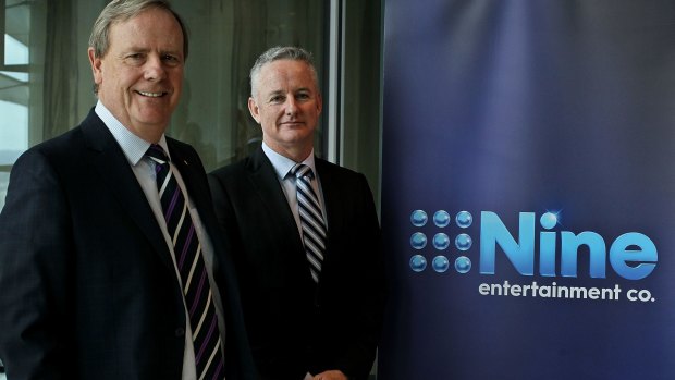 Nine Entertainment chairman Peter Costello and chief executive Hugh Marks. Nine's share price has gone from $1.90 at the start of the year to be now trading at around 96¢.