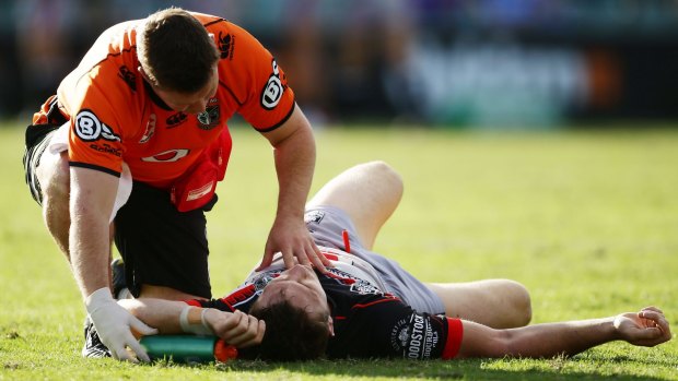 Ryan Hoffman of the Warriors suffers a concussion during the match between the Parramatta Eels and the New Zealand Warriors at Pirtek Stadium in Sydney on May 16.