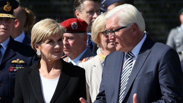 German Minister of Foreign Affairs Frank-Walter Steinmeier, right, talks with Australian Foreign Minister Julie Bishop in Berlin.