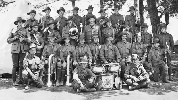 Robert Coombes, an Anzac in the 13th Battalion band (he is in the back row, third from the left).  