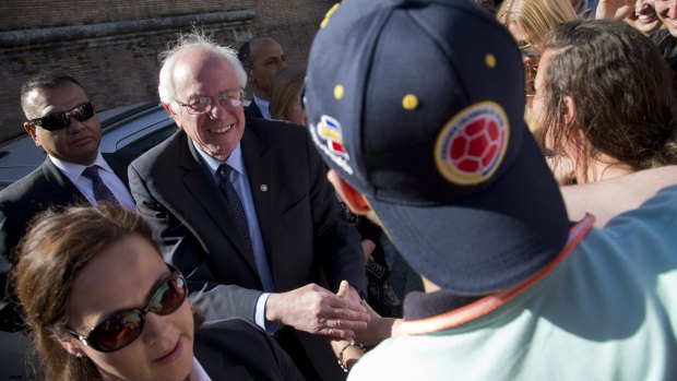 Bernie Sanders meets supporters outside the Perugino gate at the Vatican on Friday.