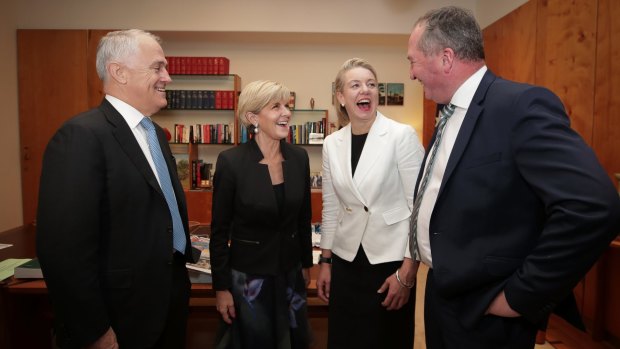 Prime Minister Malcolm Turnbull, Liberal deputy leader Julie Bishop, Nationals deputy leader Senator Bridget McKenzie and Deputy Prime Minister Barnaby Joyce pose for photographers in the Prime Minister's office on Thursday.