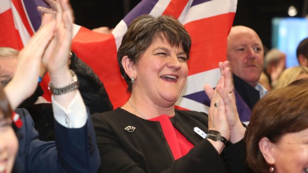 Democratic Unionist Party Leader Arlene Foster celebrates on election night.