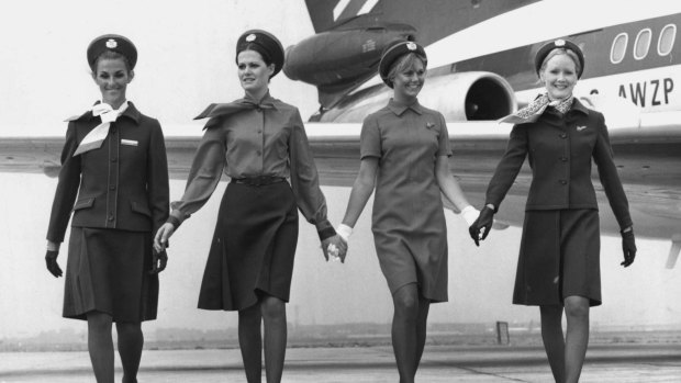 Flight attendants show off the new uniforms for British European Airways in 1972. The airline later merged with BOAC to become British Airways.